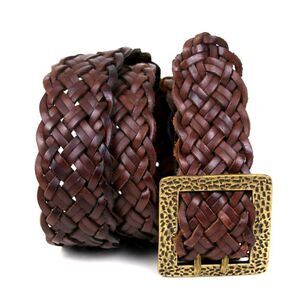 VTG BRAIDED WOVEN BROWN GENUINE LEATHER 1.5"Wd WOMEN'S BELT Sz M/L (M23